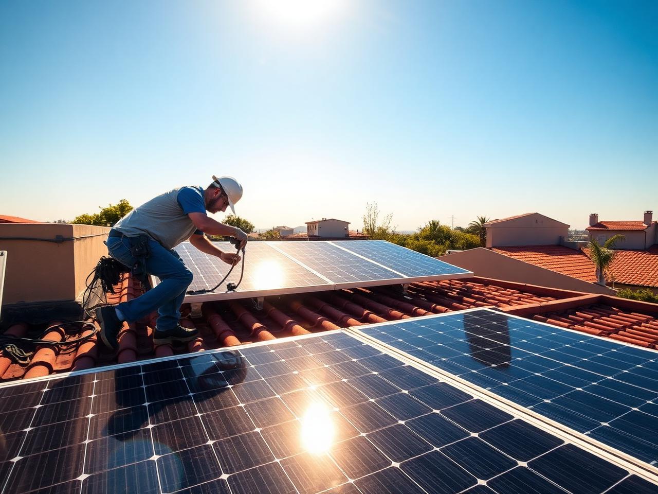 Técnico instalando paneles solares fotovoltaicos en azotea